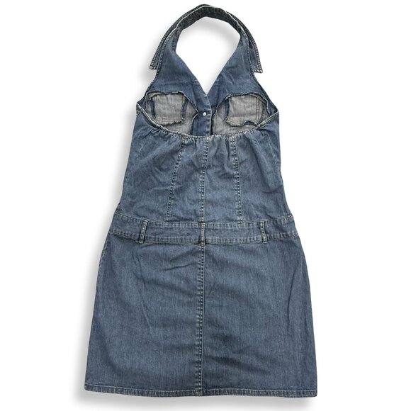 Forenza Dress Y2K Womens 12 Denim Halter Button Front Blue Jean Pockets VTG 90s - Picture 2 of 7